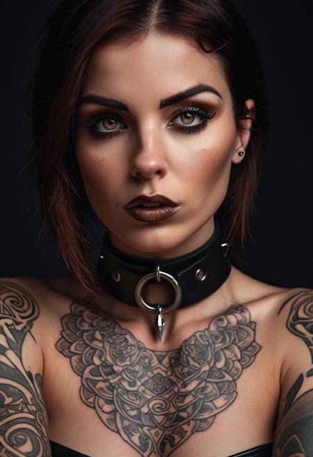 A striking close-up portrait of a tattooed woman with a captivating, 
intense gaze. Her dark, 
chestnut hair cascades around her face, 
accentuating her expressive eyes, 
well-defined eyebrows, 
and full lips. The warm, 
smooth skin of her face contrasts with the dark background, 
creating a dramatic and mysterious effect. Intricate tattoos adorn her arms and chest, 
adding to her bold and edgy appearance. A sleek black leather choker with metal elements encircles her neck, 
highlighting her strong facial features. The directional lighting accentuates her facial expressions and the gleam in her eyes, 
while the glamour photography style captures her allure. The overall composition embodies alternative aesthetics, 
making this an unforgettable and mesmerizing image.