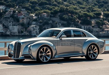 Luxury, elegant four-door sedan car with smooth lines, large wheels, distinctive front grille, and sleek retrofuturistic body design in side view yfg-sde, elongated body profile, prominent wheel arches in the style of the 30s of the 20th century, аrched roof line. On the French riviera.