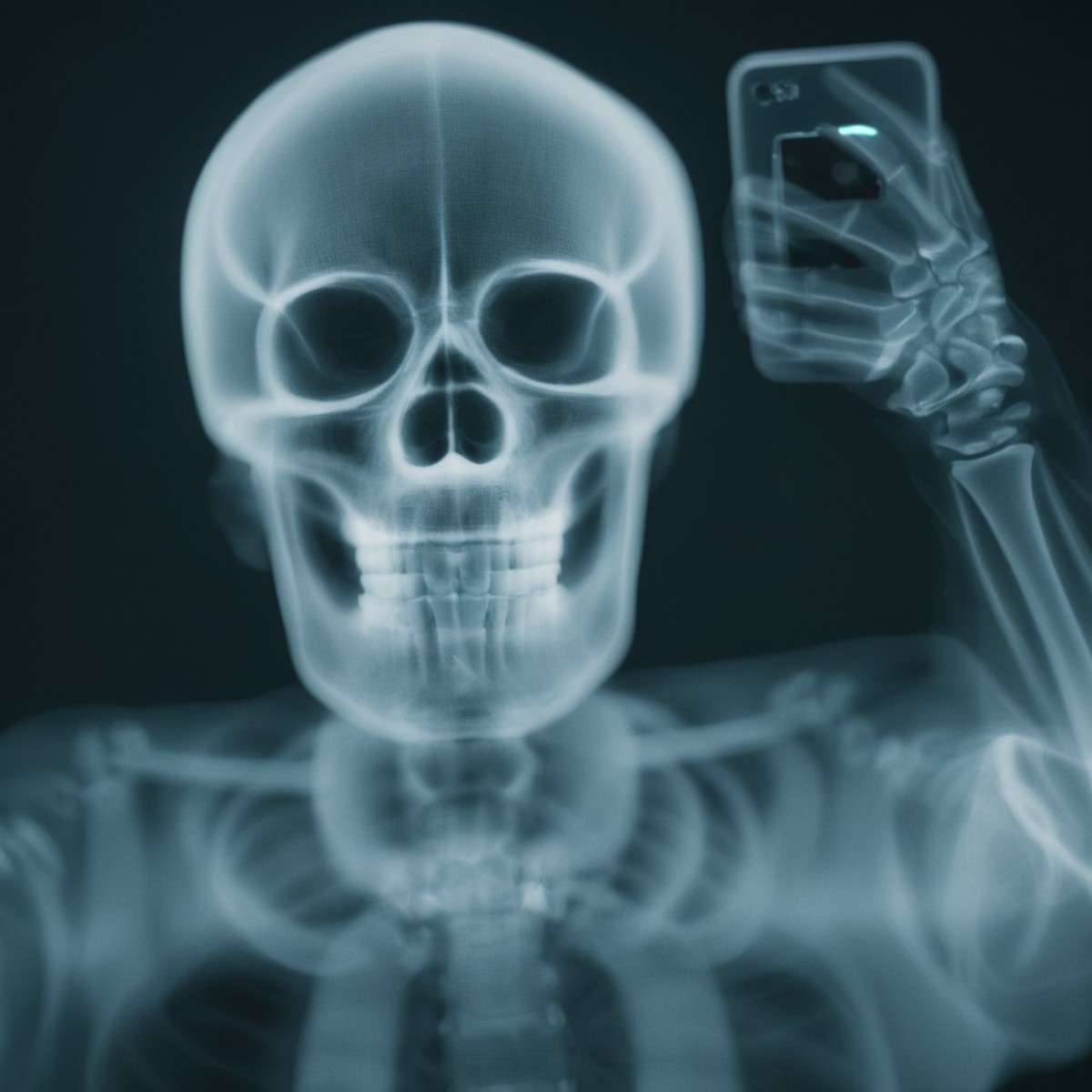 cinematic film still of  <lora:x-ray style:1> X-ray of
a skeleton taking a selfie while smiling to the camera
,x-ray style...