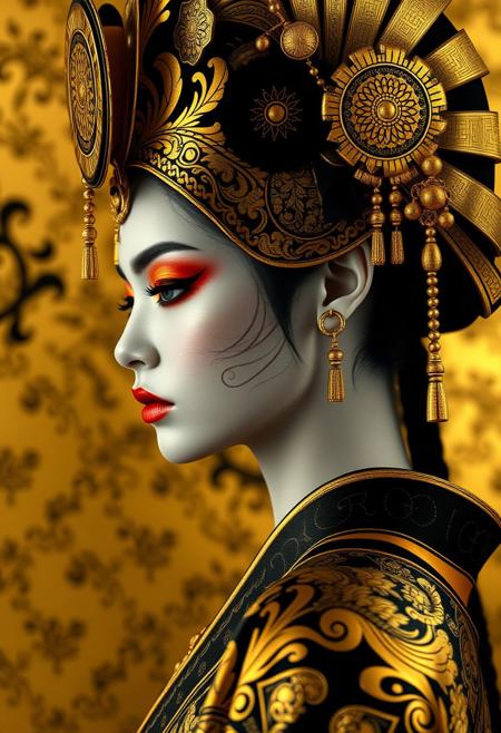 african geisha warrior, gold foil,hyperrealistic 8k, porcelain woman, side profile, intricate black and gold patterns, flawless symmetry, ethereal beauty,,
,novuschroma27 style