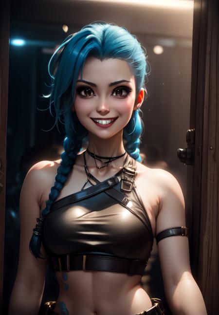 <lora:jinx:0.8>, jinx, grin, upper body, (acclaimed, alluring, captivating, exciting, gorgeous, striking:1.3), charming, (trending on CGSociety, trending on pixiv, contest winner:1.3)