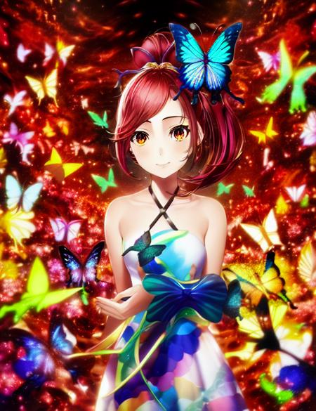 1girl, solo, promo art, by mika pikazo, masterpiece, bare shoulders,  ponytail, looking at viewer, abstract,  butterfly, dress, whirlwind <lora:mikapikazo-v1-10k-lora:2>