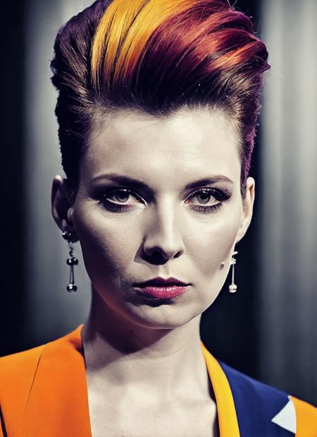 portrait of sks woman by Flora Borsi, style by Flora Borsi, bold, bright colours, rainbow Mohawk haircut, ((Flora Borsi)), <lora:locon_olgaskabeeva_v1_from_v1_64_32:1.25>