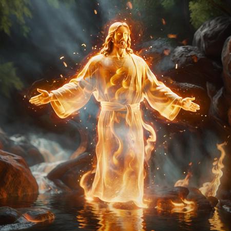 <lora:xl-shanbailing-1003fire:2>, (fire element:1.3), composed of fire, (((Jesus Christ wearing a white robe, standing in a river of fire, with arms out wide, wrapped in flames, soaring flames, radiating sparks))), fire hand, detailed face, intricate details, (molten rock), everything is made of fire, nighttime, shallow depth of field, octane render, masterpiece, 8k, HDR,