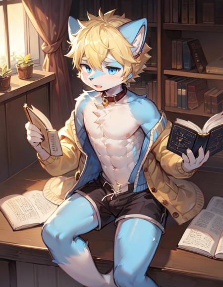 1boy,cat boy,(furry:1.5),light blue fur,blue eyes,blonde hair,body fur,literature,open cardigan,shorts,solo,flat chest,petite,short hair,delicate muscle line,(thick thighs:0.5),collar,sfw.