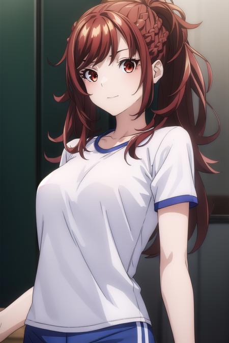 kaedekazama, <lora:kaede kazama s1-lora-nochekaiser:1>,
kaede kazama, long hair, bangs, (red eyes:1.3), ponytail, braid, sidelocks, red hair, smile,
BREAK (white shirt:1.5), short sleeves, shorts, gym uniform, blue shorts, gym shirt,
BREAK indoors, classroom,
BREAK looking at viewer, (cowboy shot:1.5),
BREAK <lyco:GoodHands-beta2:1>, (masterpiece:1.2), best quality, high resolution, unity 8k wallpaper, (illustration:0.8), (beautiful detailed eyes:1.6), extremely detailed face, perfect lighting, extremely detailed CG, (perfect hands, perfect anatomy),