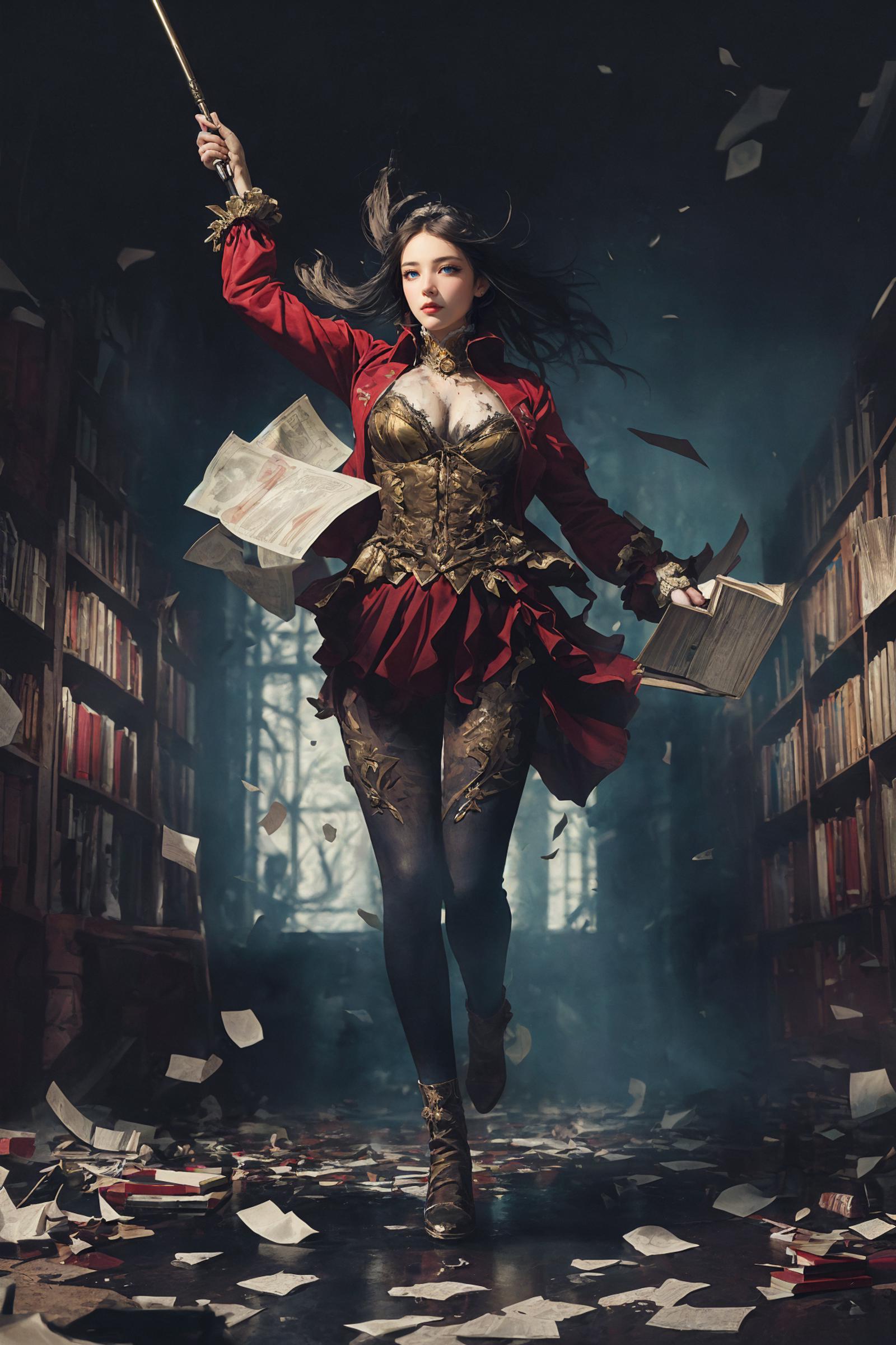 A woman in a red dress and corset reads a book while surrounded by books and papers.