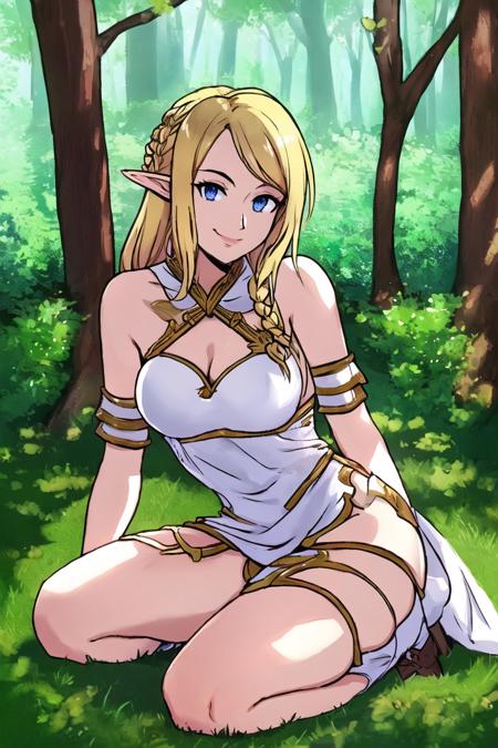 masterpiece, best quality, blonde hair, swept bangs, braid, blue eyes, elf, gold trim, white dress, (armor), smile, medium breasts, kneeling, thighs, forest