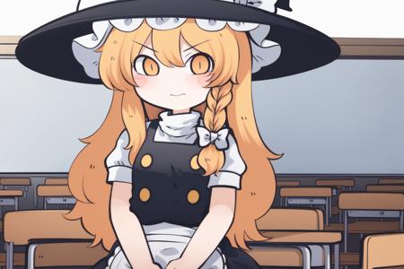 cha, 1girl, (kirisame marisa:1.2), (cowboy shot:1.2), classroom, school uniform