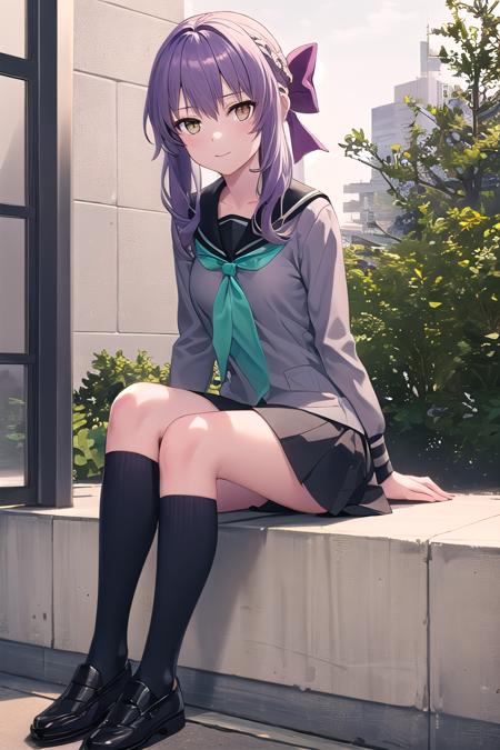 Shinoa Hiiragi, purple hair, braided hair, purple bow, purple ribbon, black shirt, white gloves, black thighhighs, boots Shinoa Hiiragi, purple hair, braided hair, purple ribbon, grey serafuku, green necktie, black kneehighs, black skirt,