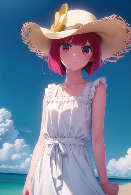 kanaarima, <lora:kana arima s1-lora-nochekaiser:1>,
kana arima, short hair, bangs, (red eyes:1.3), red hair, bob cut, smile,
BREAK hat, dress, ribbon, sleeveless, white dress, sleeveless dress, white headwear, sun hat, sundress,
BREAK outdoors, ocean, beach, sun, sky, clouds, day,
BREAK looking at viewer, (cowboy shot:1.5),
BREAK <lyco:GoodHands-beta2:1>, (masterpiece:1.2), best quality, high resolution, unity 8k wallpaper, (illustration:0.8), (beautiful detailed eyes:1.6), extremely detailed face, perfect lighting, extremely detailed CG, (perfect hands, perfect anatomy),