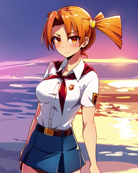 blalisa, yellow hairpin, orange eyes, orange hair, short twintails, white shirt, red badge on shirt, red bow-tied neckerchief, leather belt, blue skirt blalisa, yellow hairpin, orange eyes, orange hair, short twintails, tied white shirt, red badge on shirt, red wrap on wrist, leather belt, blue skirt