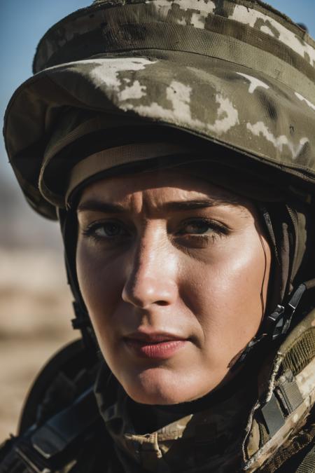up close photo of  emb  as  war torn solider, battle background, high quality, masterpiece, 8k,<lyco:EmilyBlunt-RealVision-V1.0:1.0>