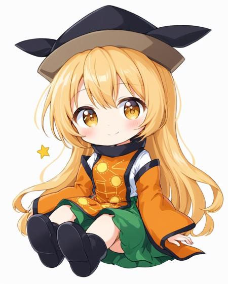 matara okina,1girl, solo, constellation_print, tabard, hat, smile, green_skirt, wide_sleeves, white_background, orange_sleeves, brown_headwear, aura, sitting, black_headwear, chibi, boots, looking_at_viewer, blush, closed_mouth, simple_background, long_sleeves, black_footwear, constellation, detached_sleeves, orange_cape, signature
<lora:matara_okina_image1460_2023-12-20-000014:1>,star-shaped_pupils,symbol-shaped_pupils,. gorgeous,key visual, vibrant, studio anime,award-winning, professional, highly detailed,high budget, cinemascope