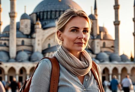 A hyper-detailed, ultra-photorealistic 8K travel portrait of a 40-year-old woman with sleek blonde hair tied back. She has soft wrinkles, subtle expression lines, pale skin with natural texture, and realistic facial details. The face is symmetric and rendered with lifelike shading and consistent lighting. Walking past the Blue Mosque in Istanbul at sunset. She wears high-rise beige jeans, a soft grey linen blouse, and a lightweight scarf draped over her shoulders. In her hand is a Nikon D5300, and a worn brown leather shoulder bag crosses her chest. Her face glows with warm golden Turkish light. Shot with Nikon D5300, 50mm lens, f/2.8, ISO 100. Background: softly blurred domes and minarets. Style inspired by Steve McCurry's vibrant portraits with rich cultural context. realistic human face, accurate eyes and mouth, high detail, no distortion, not a real person.