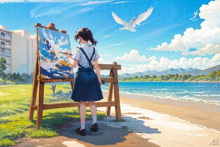 octans, 1girl, paintbrush, solo, sky, cloud, skirt, scenery, easel, painting (action), canvas (object), bird, blue sky, white shirt, shirt, from behind, black hair, palette (object), holding paintbrush, apron, school uniform, holding, standing, art brush, day, socks, cloudy sky, outdoors, pleated skirt, facing away, short hair, painting (object), sunlight, short sleeves, ponytail, building, blue skirt<lora:octans:1>