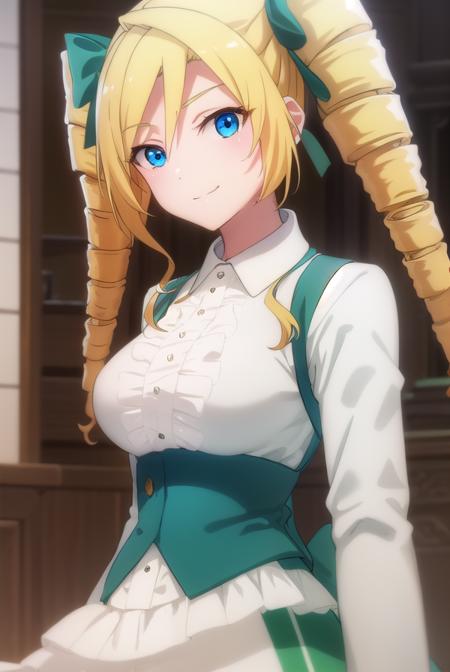 ellismaclaine, <lora:ellis maclaine s2-lora-nochekaiser:1>,
ellis maclaine, long hair, blue eyes, blonde hair, bow, twintails, hair bow, drill hair, twin drills, smile,
BREAK skirt, shirt, long sleeves, white shirt, pantyhose, frills, green skirt, underbust,
BREAK indoors, classroom,
BREAK looking at viewer,
BREAK <lyco:GoodHands-beta2:1>, (masterpiece:1.2), best quality, high resolution, unity 8k wallpaper, (illustration:0.8), (beautiful detailed eyes:1.6), extremely detailed face, perfect lighting, extremely detailed CG, (perfect hands, perfect anatomy),