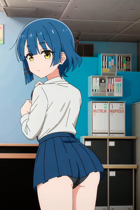 1girl, solo, high_quality, 8k, masterpiece, defined_pupil, vivid_colors, (high_quality_eyes:1.1), 

(classroom_background:1.2), bookshelf,

looking_at_viewer, (from_behind:1.2),

blushed, serious, closed_mouth,

(white_collared_shirt:1.3), (blue_skirt:1.2), (black_neck_ribbon:1.2),

thighs, defined_ass,

(medium_breasts:1.3), perfect_breasts, sexy_body, hairclip, mole, mole_under_eye, short_hair, bangs, blue_hair, <lora:sksryoyamada:0.7>