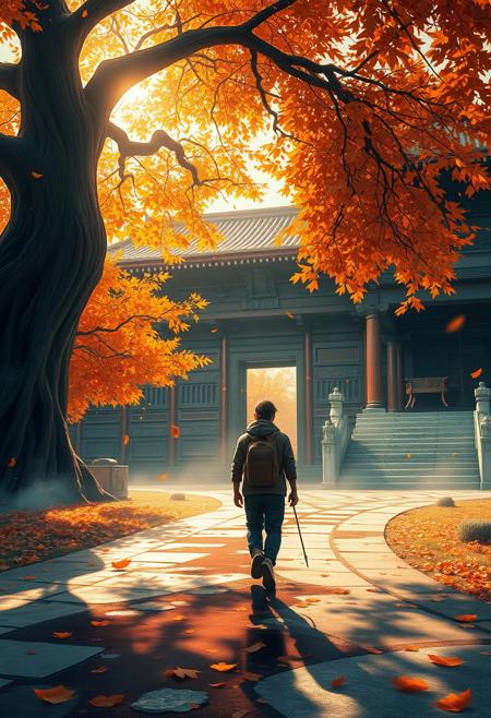A breathtaking digital painting of a contemplative traveler making their way towards a majestic, ancient Asian temple. Surrounded by a symphony of falling autumn leaves, the atmosphere is serene and peaceful, evoking a sense of quiet journey and the tranquility of autumn. The warm, golden light filters through the leaves, casting a soft glow over the scene. The temple, with its intricate wood and stone carvings, stands out against the vibrant, saturated autumnal colors. The wet ground reflects the surroundings, while a large, ancient tree dominates the left foreground, adding depth and a sense of motion. This captivating image is inspired by the beauty of Asian architecture and landscape painting styles, creating a truly cinematic and immersive experience