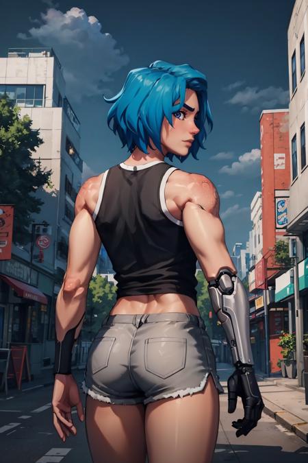 masterpiece, best quality, tari, single mechanical arm, black tank top, shorts, from behind, looking at viewer, city street, grey sky, surprised <lora:tari-nvwls-v1-000009:0.9>