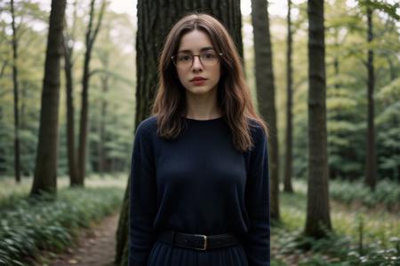 35mm film, one pretty european girl, solo, supermodel, long light brown hair, long wavy hair, pale skin, perfect face, small nose, red lips, blue eyes, big tits, nice breasts, necklace, black framed glasses, short blue lace dress with a belt, white long heel shoes, looking at viewer, looking directly at viewer, green forest view, offering panoramic views of majestic and sweeping trees, nature light, early spring season, full body view of girl, epiCPhoto, <lora:pytorch_lora_weights:0.5>, <lora:picxer_real:0.7>, <lora:FilmVelvia3:0.3>, <lora:more_details:0.6>
