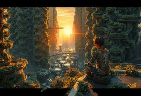 A futuristic eco-city covered in massive vertical gardens,where skyscrapers intertwine with lush greenery. A boy wearing a futuristic outfit adorned with nature-inspired patterns sits on a rooftop platform,overlooking aerial walkways and flowing water features surrounded by vegetation. The golden hues of sunset cast dynamic shadows,creating a harmonious yet mysterious atmosphere.,<lora:kcyberpunk-01:0.8>,kyberpunk,