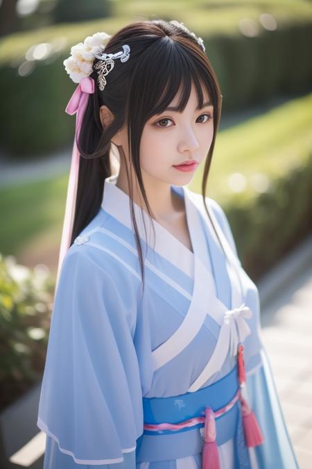 ltra-detailed,highly detailed,best quality,masterpiece,illustration,realistic,photorealistic,
baimoqing, 1girl, solo, 
hanfu, schinese clothes, ribbon, tassel,see-through, coat, 
very long hair, hair ornament, hair ribbon, hair bun, low twintails, 
upper body, looking at viewer,
 <lora:baimoqing_v1_07:0.7>