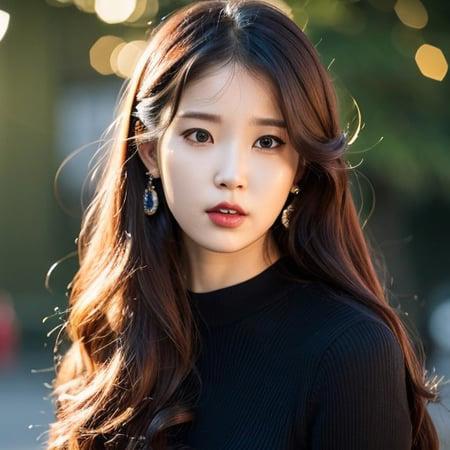 best quality, ultra high res, (photorealistic:1.4),1girl,iu, 
diamond stud earrings, long curly hair, wearing a luxury black skirt
<lora:iu_v1:0.9>