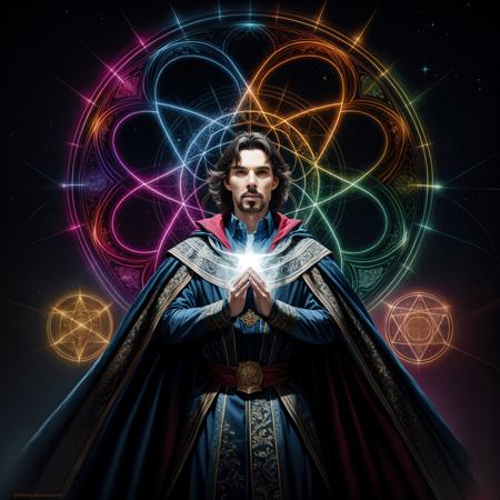 RAW photo, In a kaleidoscopic art piece, Doctor Strange beckons on you to embrace the mystical energy of the multiverse. Amidst the intricate patterns and cosmic motifs, his iconic cloak of levitation billows behind him, exuding arcane power. Strange's hands are poised in incantation gestures, conjuring a dazzling display of energy that crackles and glows against a backdrop of swirling dimensions. The scene is a fusion of psychedelic and Renaissance art, with bright jewel tones and fine detail. The piece showcases Doctor Strange's mastery of the mystic arts, hinting at the infinite possibilities of the multivers, 8k uhd, dslr, soft lighting, high quality, film grain, Fujifilm XT3,  <lora:GoodHands-vanilla:1.5>,  <lora:add_detail:1>