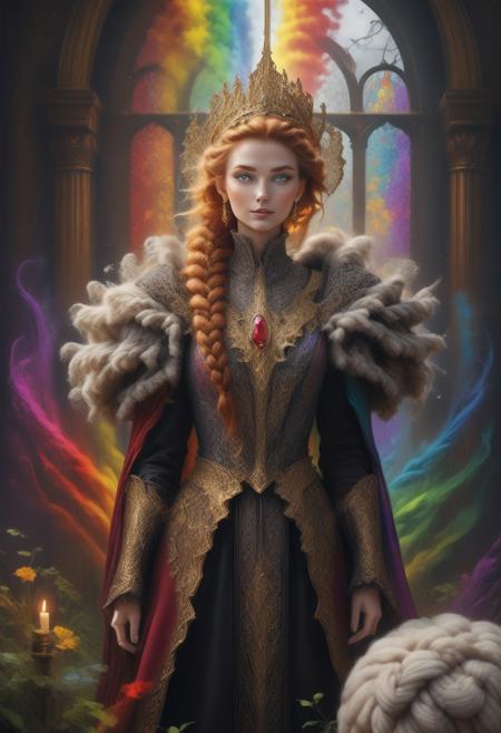 nbn-freyja, (Rainbow Style background:2), indoors, standing, 1woman, solo, long hair, black choker, eyeliner, gorgeous lips, covered breasts, cinematic, best quality, ultra-detailed, very aesthetic, (natural eyes:1.4), freckles, aloof, (masterpiece:1.1), small waist, fitness body, wide hips, 32 years old, golden blond hair, censored, (big stained glass windows:1.4), (Wool Style Victorian dress:1.6), (red ruby clothes:1.6), high end closure, Evil Queen, cinemascope, moody, epic, gorgeous, film grain, natural hands, red elbow gloves, knee boots, dramatic, ritual magic, freyja, auburn hair, braided hair, magic, forest, Viking queen, mythic beauty, feathered cloak, fur, armor, robe, braid, rune jewelry, photorealistic, cinematic, flowers, jewelry, photorealism, cinematic lighting, high fantasy, mythic portraiture, soft background, northern folklore aesthetic, (fully dressed:2), (RAW photo), 4K, best quality, realistic, photorealistic, masterpiece, extremely detailed, an extremely delicate and beautiful, dynamic, realistic anatomy, candle lighting, perfect shading, professional shading, depth of field,  perfect skin, gentle, highly detailed, breathtaking, clear skin, (Wool Style clothes:2.6), 1girl, solo, braid, long hair, wide sleeves, hat, outdoors, hair over shoulder, brown hair, single braid, sash, brown eyes, long sleeves.