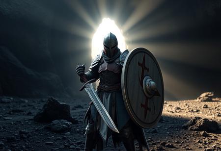 Epic Raider's Knight, crimson obsidian plate armor, visored helm, gleaming sword, weathered shield. Commanding pose in a desolate ash wasteland before a shadowed cavern entrance. Cinematic, dramatic god rays, gritty atmosphere. Octane render, Unreal Engine 5, trending on Artstation, CGSociety, photorealistic, volumetric lighting, detailed texture, sharp focus, deep shadows, dynamic pose, epic composition, 4K.