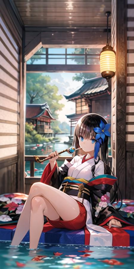 1girl, black hair, blue eyes, breasts, fish, floral print, flower, full body, hair between eyes, hair flower, hair ornament, holding, holding smoking pipe, hookah, indoors, japanese clothes, looking at viewer,obi, plant, reclining, sash, scenery, small breasts, smoking pipe, solo,water,long hair, kiseru, bangs, blue flower, blunt bangs, kimono, window, bare shoulders, sitting,koi, closed mouth, lantern, candle, brown hair, off shoulder, wide sleeves, pond, <lora:fuzi_loha_v1j:1>