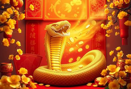 The image depicts a majestic golden cobra surrounded by a vibrant and celebratory setting. The cobra is open-mouthed, spewing a stream of glowing gold coins, symbolizing wealth and prosperity. The background features traditional Chinese red elements, including red envelopes and decorative scrolls, along with blooming yellow flowers, evoking a festive and auspicious atmosphere. The scene is rich in warm golden tones, emphasizing the themes of abundance and good fortune.