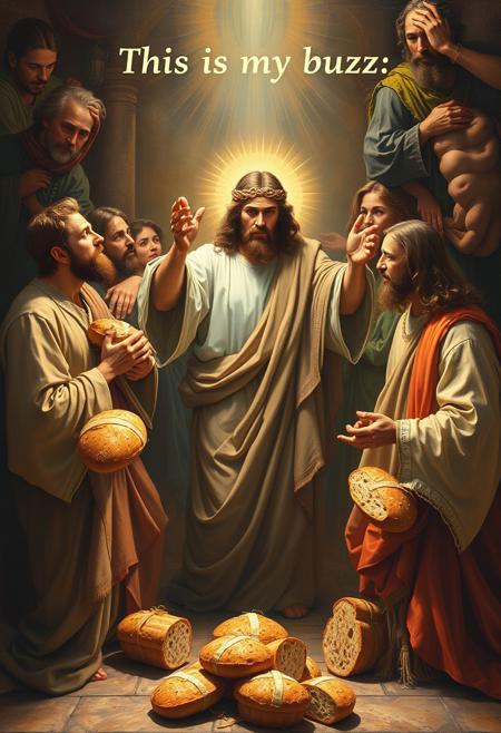 Masterpiece epic religious painting of Jesus Christ multiplying loaves of bread as a miracle, (title text above: “This is my buzz”:1.3), best quality, intricate details, ultra details, good lighting, vibrant colors, very detailed,