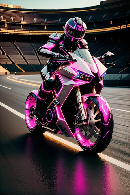 <lora:zzfutbikzz_v1:1> zzfutbikzz
masterpiece, highly detailed photorealistic 8k raw photo, best cinematic quality, volumetric lighting and shadows
metallic pink motorcycle, glowing, metallic, human on motorcycle, mecha style, reflective
colosseum background