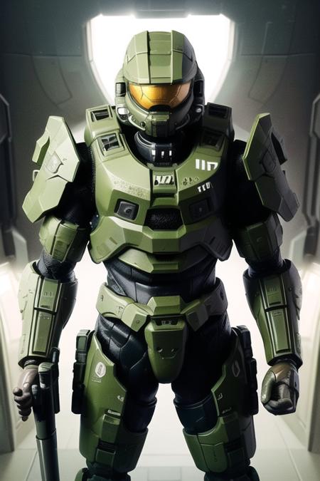 Best quality, masterpiece,
1boy,  <lora:masterchief:0.7>, masterchief, armor, belt, energy_gun, full_armor, helmet, machinery, mecha, no_humans, pilot, pilot_suit, power_armor, robot, solo,
holding weapon, weapon, (in spaceship:1.5), corridor background,