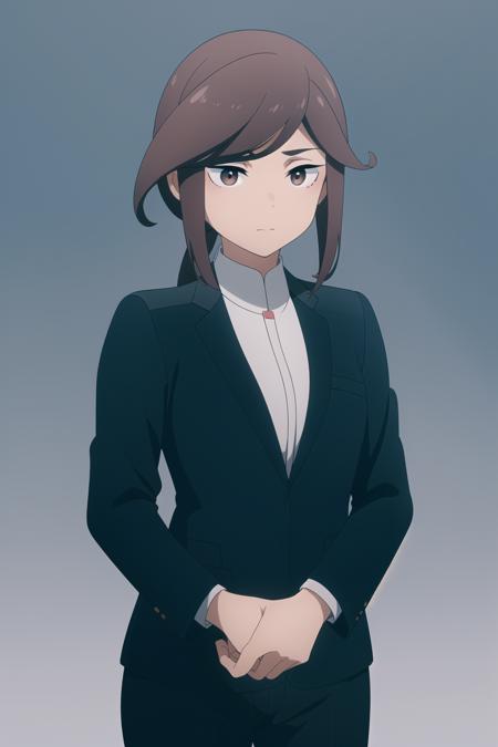 masterpiece, best quality,  <lora:petra:0.8>, simple background,
1girl,solo, medium breasts, brown hair, brwon eyes, suit, secretary suit, [collared shirt], shorts,long sleeves, bangs,  medium hair, ponytail, holding book,