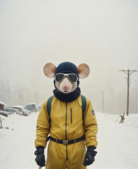 (best quality) , (masterpiece) epic cinematic shot of a rat (wearing a ski mask:1.1)  (art by Kazuhisa Kondo:1.3) , (art by Monia Merlo:0.9) , Oil painting, Abstract, Chalk painting, landscape of a junkyard, Foggy conditions, Minimalism Art, film grain, Nikon d3300, Selective focus,