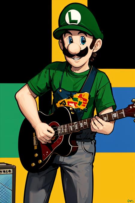 Highly detailed, High Quality, Masterpiece, beautiful, Luigi, <lora:Luigi:0.8>, 1boy, solo, smile, cowboy shot, guitar, electric guitar, acoustic guitar, <lora:Outfit_Guitars:0.8>