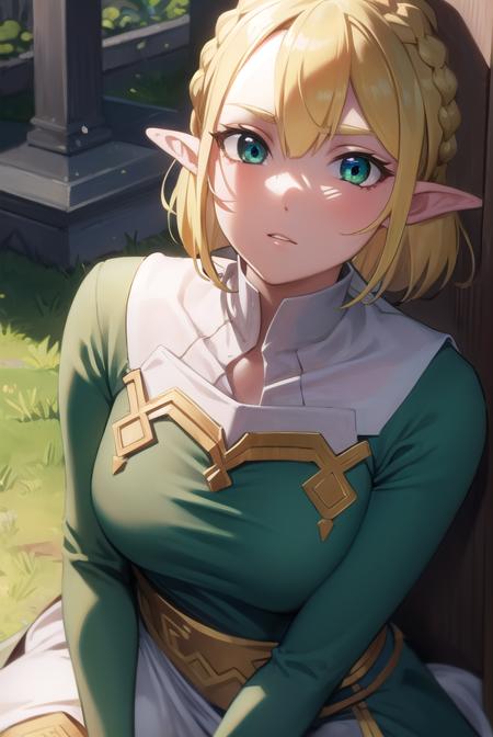 princesszelda, <lora:princesszelda-lora-nochekaiser:1>,
princess zelda, blonde hair, (green eyes:1.5), pointy ears, hair ornament, hairclip, parted bangs, short hair, crown braid,
BREAK braid, capelet,  long sleeves, dress, blue dress, pants, black pants,
BREAK looking at viewer, full body,
BREAK outdoors,
BREAK <lyco:GoodHands-beta2:1>, (masterpiece:1.2), best quality, high resolution, unity 8k wallpaper, (illustration:0.8), (beautiful detailed eyes:1.6), extremely detailed face, perfect lighting, extremely detailed CG, (perfect hands, perfect anatomy),