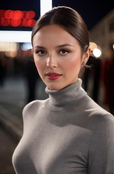 A photorealistic image of lv rdrg woman, at a glamorous red carpet event, wearing a turtleneck sweater, posing for the cameras. The setting is a star-studded outdoor event during the night, with spotlight lighting. The color scheme is dark and elegant, with a close-up perspective. The style is luxurious and high fashion, with a blend of realism and glamor, dramatic, UHD, analog film grain, bokeh