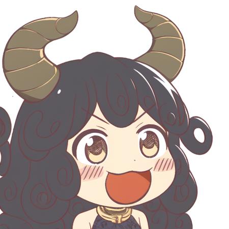 <lora:Ikiyouz-NAI-LyCORIS-512px:0.6>
1girl, solo, simple_background, chibi, \:\D, \:\3, v\-shaped_eyebrows, gold eyes, (black)(long)(curly) hair,
curled horns,