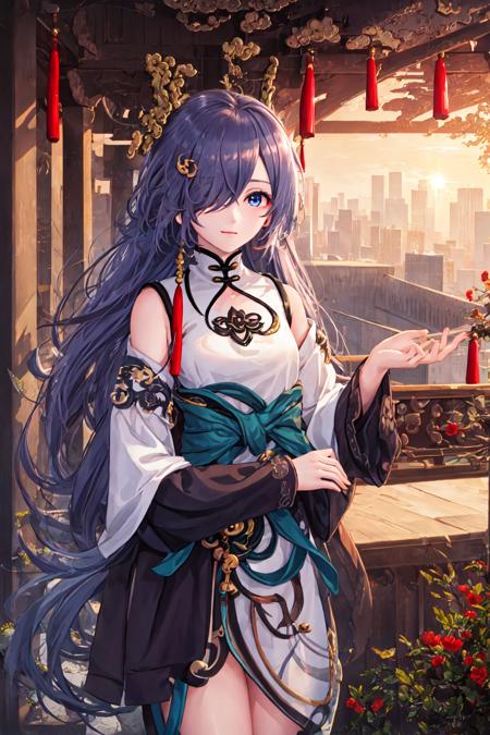 masterpiece,best quality,Azure_Empyrea,solo,1girl,<lora:Fu Hua_Azure Empyrea_v6:0.75>, <lora:gachaSplashLORA_v40:0.6>, city,chinese building,long hair,hair over one eye,sunlight,looking at viewer, eyes visible through hair,