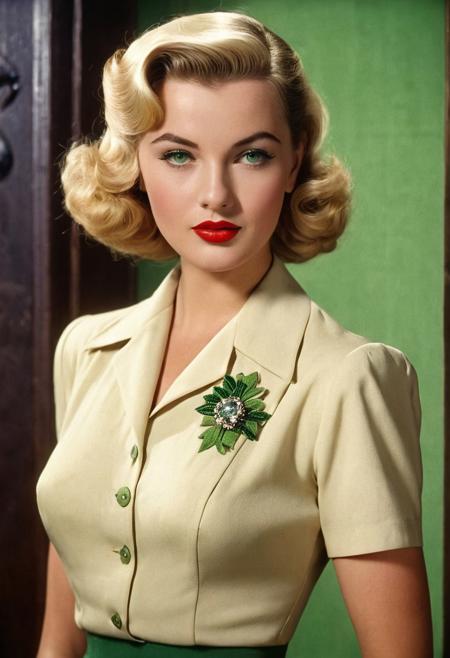1940s vintage retro, Selina Kyle DCU, blonde hair, green-eyed, bombshell pinup girl, perfect photo, highly detailed, best quality, fine details, coherent face, full body, technicolor film still screencap, kodachrome photograph