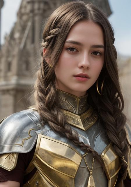 realistic, beautiful cute girl knight, long braided fringe hair, in a armor with weapon made of Gemstone with and pearl with gold marble abstract modern , illumination product promotion render octan close-up masterpiece, at the battle grounds, with high contrast 4k, sharp, very detailed, high resolution luxurious with shield, good hand,