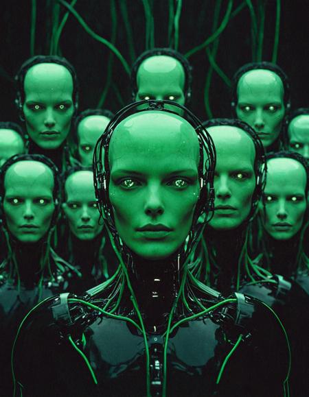 Surrealist art breathtaking cinematic film still circle of human-like android faces, emotionless expressions, pale skin with subtle synthetic texture, connected by black neural cables to a glowing green core orb, surrounded by black organic biotech material, deep shadows with backlit iridescence, hive-mind concept visualized, ultra-sharp detail on facial pores and glossy cybernetic interfaces, photographed on Ilford Delta 3200 for grainy atmospheric effect, shot with Olympus OM-1 and 28mm lens, solemn and mystical tone,<lora:add-detail-xl:1>,OverallDetailXL,ArsMovieStill,<lora:MJ52_v2.0:0.7>,<lora:EldritchCandids1.1.2:0.75>,<lora:EpicF4nta5yXL:0.4>,<lora:Year_3000_Movie_Stills:0.7> . shallow depth of field, vignette, highly detailed, high budget, bokeh, cinemascope, moody, epic, gorgeous, film grain, grainy . award-winning, professional, highly detailed . Dreamlike, mysterious, provocative, symbolic, intricate, detailed