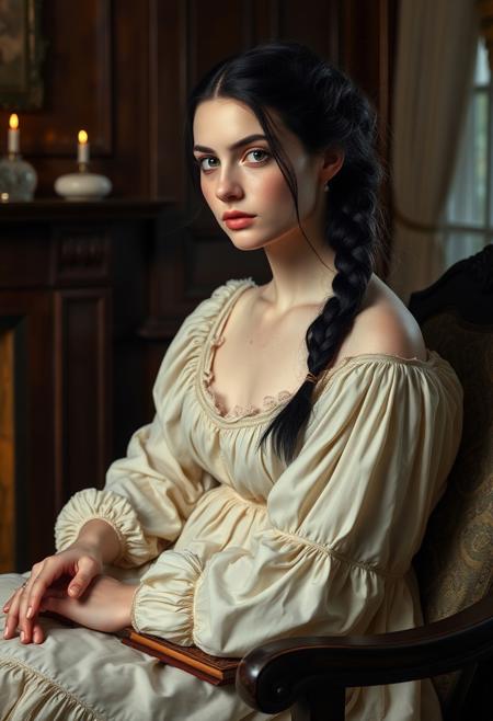 "An ultra-realistic portrait of a graceful 20yo Victorian lady sitting by the fire in her nightgown. Her long black hair is tied up in a single braid which flows down her back. There is dim lighting within the room as she sits and relaxes with a leather bound book in her lap. She has pale skin and freckles, her face is round with small nose. The room is highly detailed and full of dark mahogany furniture."
