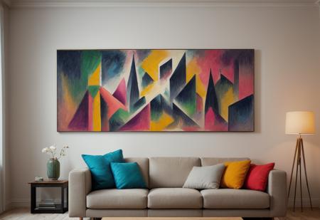Epic style (professional photo of an artistique painting in a living room, hanging on the wall), (((the painting is showing the [[[<lora:5ParDet-ColCin-nM:0.71>, (Spiritual Expressionism), (Immersive Point of view, clear lines, glossy surface, oily gloss, perfect composition, symmetrically arranged depth of field, dynamic perspective, subsurface scattering), bokeh, decorative, symmetrical, by (((Johannes Itten), Ernst Ludwig Kirchner, influenced by the works of Lyonel Feininger) and Paul Klee).]]] hanging on a white wall in an modern room))), in a simple frame:1.2), (the photo is taken from far away with a wide shot lens, [[taken with a Nikon D850 and Nikon AF-S NIKKOR 105mm f/1.4E ED lens]]:1.2), ((realistic sofa, painting hanging on the wall:1.2)), (detailed oil painting, painture crackles:1.2), ((full picture, full view:1.2)), ((enclosed painting:1.4)), Constraint Uncensoring Lighting: This lighting technique introduces an environment with a (restrained yet revealing ambiance:1.2), where illumination strategically (exposes details while imposing a captivating constraint:1.6). Through meticulous calibration, it tempers stark contrasts, fostering an enticing interplay of light and shadow that invites viewers to explore the scene openly, without inhibition., masterpiece, best quality, 8k, insane details, intricate details, hyperdetailed, hyper quality, high detail, ultra detailed, clear shadows and highlights, intense, enhanced contrast.