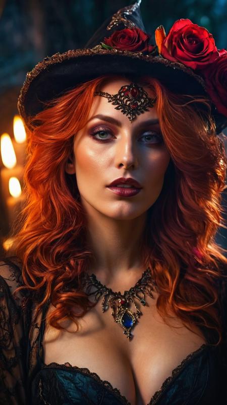 realistic, 4k, beautiful  young witch, redhead, cleavage, Fantasy art style, Ethereal, cursed roses, feathers embers, rich dark colors vibrant style dark hues, night, realistic eyes, relistic skin, tatoo, el Día de Muertos