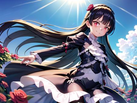 (hyper extreme detailed:0.8),(masterpeace),(hyper extreme),(photorealistic),CG,(colour:1.2), beautiful lighting,light from the front,official art, 1girl, sunny day,outdoor for park,looking at viewer,view straight on, <lora:kuroneko:1>,kuroneko,black hair, long hair, straight hair,red eyes, black dress , black pantyhose, pumps,red flower hair band,smile,